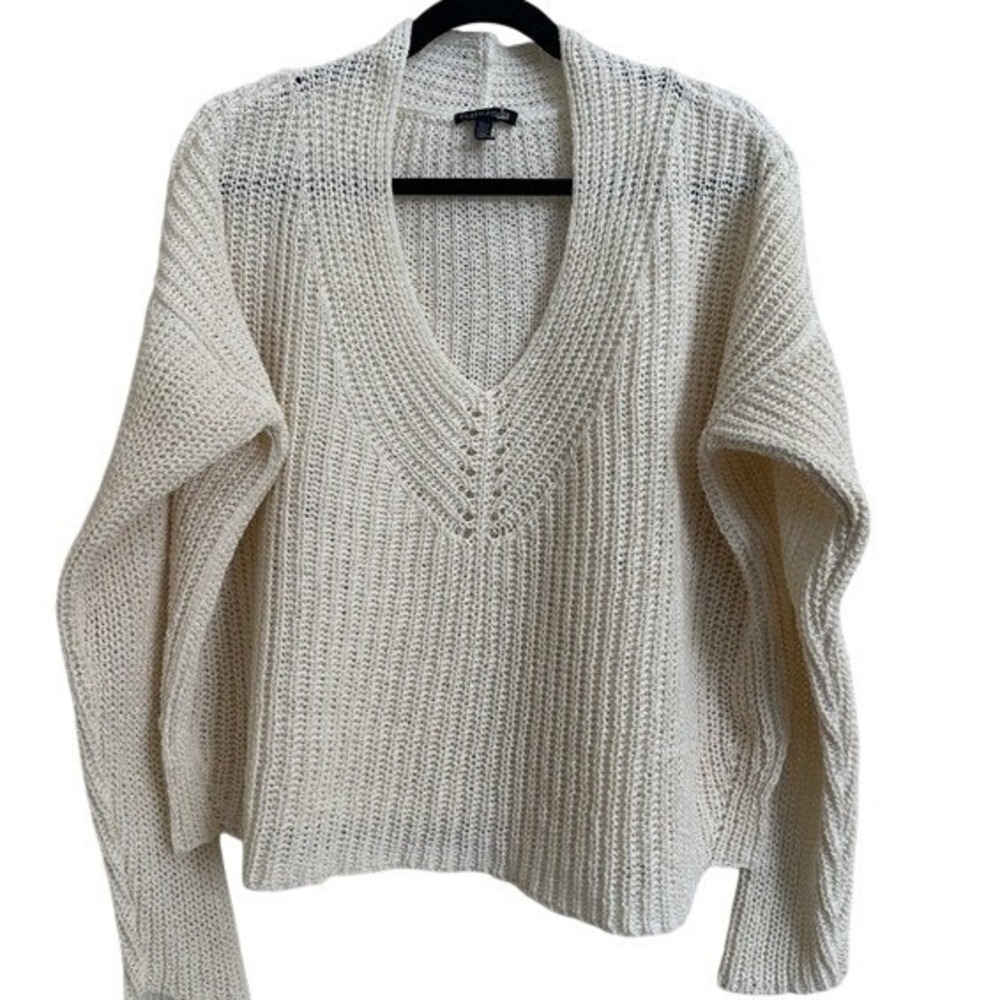 Eileen Fisher Organic Cotton Linen Blend V-Neck Mesh Knit Sweater XL Bone White